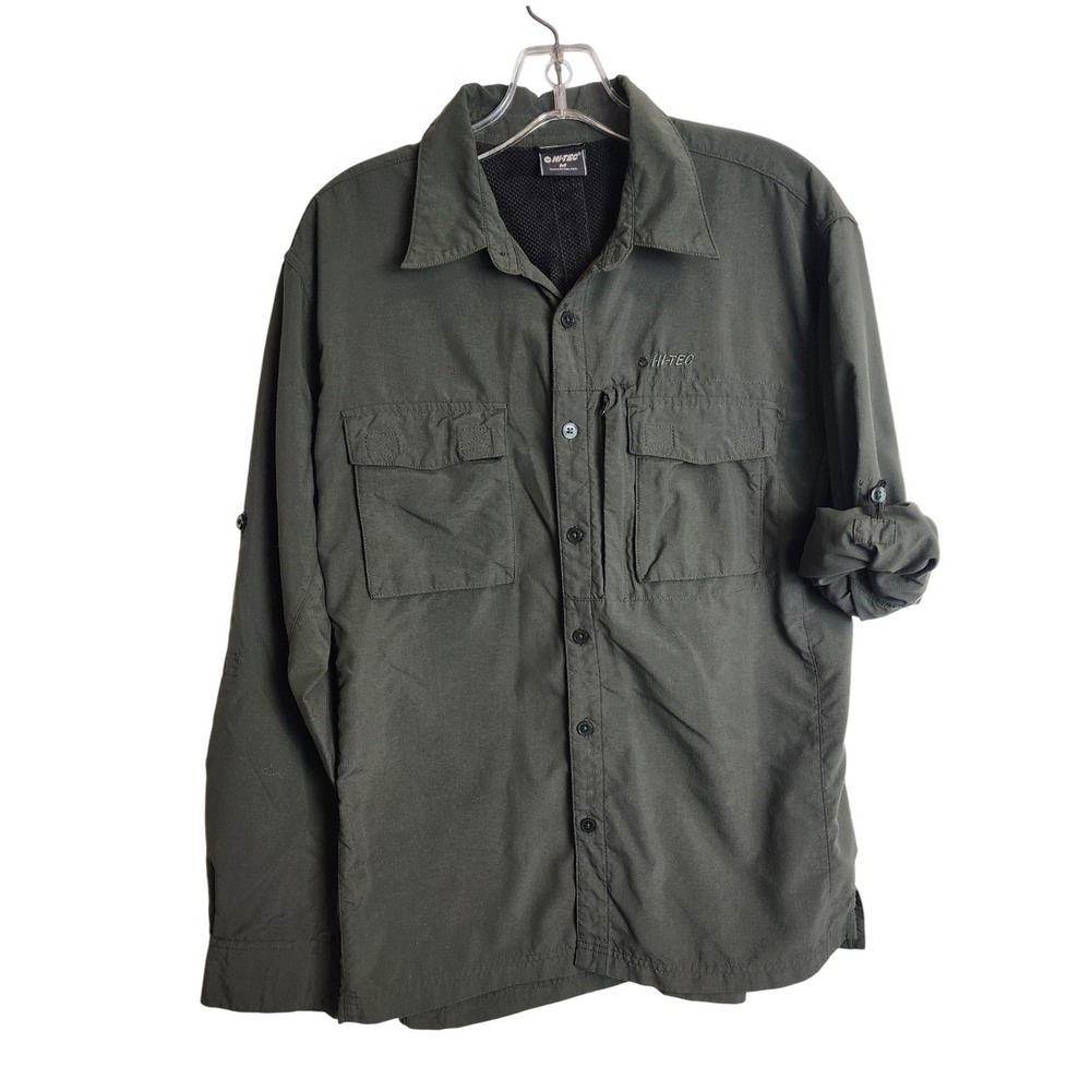 Hi-Tec Mens Nylon Utility Hiking Shirt Olive Green Roll Tab Sleeve‎ Size M - Picture 2 of 7